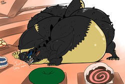  3:2 anthro ass belly big_belly big_butt cake dessert doughnut dragon food huge_butt male morbidly_obese morbidly_obese_anthro morbidly_obese_male mythological_creature mythological_scalie mythology obese obese_anthro obese_male overweight overweight_anthro overweight_male pastry riis scalie solo sweets tail thick_thighs 