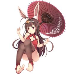  animal_ears azur_lane bare_arms bare_shoulders blush braid breasts brown_hair brown_thighhighs china_dress chinese_clothes chrisandita commentary dress feet female full_body highres holding holding_umbrella long_hair looking_at_viewer medium_breasts oil-paper_umbrella parted_lips ping_hai_(azur_lane) ping_hai_(osmanthus_moon_rabbit)_(azur_lane) rabbit_ears red_dress red_eyes red_umbrella sleeveless sleeveless_dress solo stirrup_legwear thighhighs toeless_legwear toes transparent_background umbrella very_long_hair 