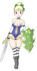  bangs bare_shoulders blonde_hair blue_eyes boots bow breasts cleavage dragon_quest dragon_quest_ix elbow_gloves erect_nipples female full_body gloves hair_bun hairbow large_breasts leotard looking_to_the_side makochin no_bra roxanne_(dq9) shield simple_background smile solo striped_legwear sword thighhighs walking weapon white_background 