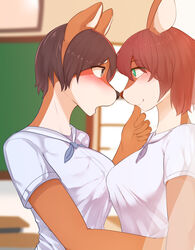  2018 absurd_res anthro blush breast_squish breasts breasts_frottage chika_(denyfake) classroom clothed clothing deer denyfake duo eye_contact female female/female fur hair hana_(denyfake) hi_res imminent_kiss inside looking_at_another mammal monotone_hair open_mouth school side_view smile squish topwear 