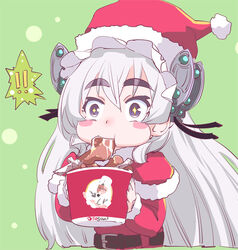  ! !! bad_id bad_pixiv_id blush blush_stickers butterfly_hair_ornament chaika_trabant chicken_(food) eating eyebrows female food food_in_mouth green_background hair_ornament hairband hat hitsugi_no_chaika lolita_hairband long_hair photoshop_(medium) purple_eyes santa_costume santa_hat solo star-shaped_pupils star_(symbol) symbol-shaped_pupils thick_eyebrows touge_hiro white_hair 