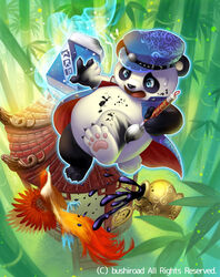  1boy architecture bamboo bamboo_forest bird black_fur blue_eyes cardfight!!_vanguard commentary_request company_name copyright_name east_asian_architecture forest furry furry_male hat ink_panda leaf male_focus nature official_art open_mouth paintbrush panda photoshop_(medium) solo tsutsui_misa white_fur 