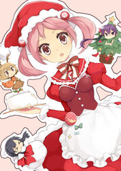  &gt;_&lt; 4girls akebono_(kancolle) animal_costume antlers apron bad_id bad_pixiv_id bell black_hair blush brown_eyes cake chibi christmas christmas_tree closed_eyes crab crossed_arms flower food hair_bell hair_bobbles hair_flower hair_ornament hat horns hukasikasi jingle_bell kantai_collection long_hair looking_at_viewer mini_person minigirl multiple_girls name_tag oboro_(kancolle) open_mouth pink_eyes pink_hair purple_eyes purple_hair reindeer_antlers reindeer_costume sack santa_hat sazanami_(kancolle) short_hair side_ponytail tears tree_costume twintails ushio_(kancolle) waist_apron waitress 