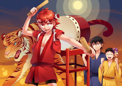  3boys bike_shorts black_hair closed_eyes commentary_request cr72 dated drum glasses headband imaizumi_shunsuke instrument japanese_clothes kimono male_focus mask multiple_boys naruko_shoukichi onoda_sakamichi open_mouth photoshop_(medium) red_eyes red_hair short_hair tiger yowamushi_pedal 