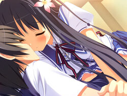  black_hair blush close game_cg kibitsumiya_akari kissing long_hair nimura_yuushi oni_gokko school_uniform 