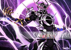  1boy armor breastplate claws commentary electricity english_commentary evol_blackhole evol_driver evol_trigger evolto glowing gold_trim hand_up helmet kamen_rider kamen_rider_build_(series) kamen_rider_evol male_focus pauldrons rider_belt shoulder_armor shoulder_spikes signature solo spikes title tokusatsu white_eyes zeruzeru 