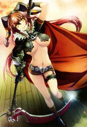  absurdres boots breasts cape elbow_gloves female fur_trim gauntlets gloves hat highres holding holding_weapon hyakka_ryouran_samurai_girls jester_cap knee_boots large_breasts looking_away midriff nishii_(damnedrive) red_hair scan scythe shiny short_sleeves shorts smile solo thigh_strap tokugawa_sen turtleneck weapon wooden_floor yellow_eyes 