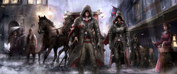  3girls 5boys animal assassin&#039;s_creed assassin&#039;s_creed_(series) belt brother_and_sister cane cape duo evie_frye flag food hood horse jacob_frye multiple_boys multiple_girls rain siblings sky standing weapon 