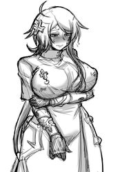  armor blush breasts dress female female gloves hair_ornament large_breasts lips long_hair maura_chester monochrome mora_chester rokka_no_yuusha solo syonnaka 