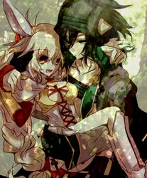  1boy animal_ears armor black_hair breasts bunny_ears carrying coat female gloves goldov_auora green_eyes long_hair nachetanya_loei_piena_augustra red_hair rokka_no_yuusha 