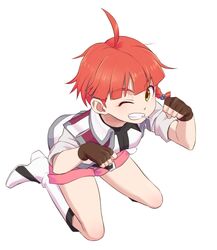  ahoge bad_id bad_pixiv_id braid candy cross_ange female fingerless_gloves food gloves grin kneehighs lollipop mouth_hold one_eye_closed paw_pose red_hair shiwashiwa_no_kinchakubukuru short_hair short_sleeves shorts single_braid smile socks solo teeth vivian_(cross_ange) white_background white_socks yellow_eyes 