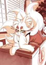  amakuchi anthro asian_clothing blush canid canine clothing detailed_background ear_tuft east_asian_clothing female fluffy fluffy_tail fox fur hi_res japanese_clothing mammal multi_tail otama_(character) seductive solo tail tuft white_body white_fur yellow_eyes 