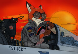  2017 absurd_res air_force aircraft airplane anthro biped brown_body brown_fur call_sign canid canine claws clothed clothing cloud cockpit detailed_background dipstick_ears disney ear_markings eyewear flight_suit flightsuit fox fur gesture gloves_(marking) hand_gesture hi_res horizon inner_ear_fluff looking_at_viewer male mammal markings military multicolored_ears nick_wilde orange_body orange_fur pawpads pete_&quot;maverick&quot;_mitchell red_fox red_sky sea sitting sky solo sunglasses sunset thumbs_up top_gun true_fox tuft uniform vehicle warning_label water ziegelzeig zootopia 