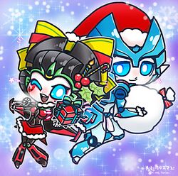  2girls autobots bag blue_eyes breasts chibi christmas chromia gift hat mecha_girl multiple_girls ribbon santa_hat skirt transformers umetarou_(jack_sgt) windblade_(transformers) wings wink 