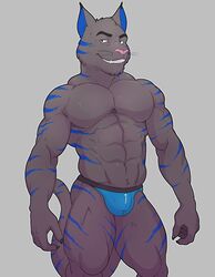  abs anthro biceps blue_bottomwear blue_clothing blue_markings blue_stripes bottomwear cheek_tuft chin_tuft clothed clothing colored digital_media_(artwork) domestic_cat facial_tuft felid feline felis front_view fur grey_background grey_body grey_fur grin head_tuft hi_res jockstrap knuxlight light looking_at_viewer male mammal manly markings muscular muscular_anthro muscular_male navel pecs pink_nose portrait pose quads serratus shaded simple_background smile solo source_request standing stripes three-quarter_portrait topless topless_anthro topless_male tuft underwear v-cut 