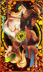  2girls absurdres adapted_costume asp_pharah black_hair blonde_hair breasts cleavage commentary dark-skinned_female dark_skin egyptian_clothes facial_tattoo highres medium_breasts mercy_(overwatch) monori_rogue multiple_girls official_alternate_costume overwatch overwatch_1 pharah_(overwatch) photoshop_(medium) smile tattoo tiara winged_victory_mercy 