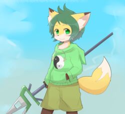  anthro biped black_nose blush bottomwear brown_body brown_fur canid canine clothed clothing concon-collector day dipstick_ears dipstick_tail ear_markings fox fully_clothed fur gosounokitsune_sonhaku green_eyes green_hair hair hand_in_pocket holding_object holding_weapon hoodie inner_ear_fluff kakuteki11029 looking_aside looking_at_viewer male mammal markings melee_weapon multicolored_ears multicolored_tail orange_body orange_fur outside pockets polearm portrait short_hair shorts sky smile solo spear staff standing sweater tail tail_markings three-quarter_portrait topwear tuft weapon white_body white_fur yin_yang young 