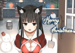  :d animal_ears black_hair breasts brown_eyes capelet cat_ears christmas cleavage commentary_request female jitome large_breasts long_hair looking_at_viewer merry_christmas onasuba open_mouth original smile snowing snowman solo 