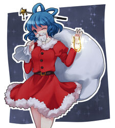  beard blue_eyes blue_hair christmas commentary_request dress drill_hair facial_hair female hair_ornament hair_rings hair_stick jewelry kaku_seiga necklace night open_mouth sack santa_costume short_hair skirt smile solo symposium_of_post-mysticism touhou ys_(fall) 