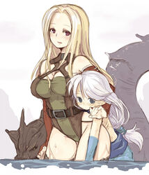  1boy 7010 blonde_hair blue_eyes blush breasts commentary_request female large_breasts lolicon long_hair looking_at_viewer monster_collection pointy_ears ponytail red_eyes water white_hair 