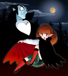  1boy aged_up big_nose black_hair blue_skin brown_eyes brown_hair cape chocola_(don_dracula) cloud colored_skin commentary_request don_dracula don_dracula_(character) father_and_daughter female forest full_moon kneehighs looking_down moon nature night oerba_yun_fang open_mouth oyatsu_(mk2) pleated_skirt pointy_ears red_eyes skirt sky smile socks tree vampire 