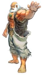  1boy abs bald barefoot beads beard clenched_hand concept_art facial_hair gouken ikeno_daigo jewelry male_focus manly muscular necklace official_art old old_man outstretched_hand scar sleeveless solo street_fighter street_fighter_iv_(series) torn_clothes vest white_hair 