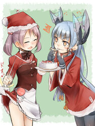  +_+ 2girls ^^^ admiral_(kancolle) akino_shuu apron aqua_hair assisted_exposure black_dress black_gloves black_pantyhose blunt_bangs blush_stickers cake christmas clothes_lift commentary_request cosplay cowboy_shot dress feeding fingerless_gloves food food_print frilled_apron frills fruit gloves hair_bobbles hair_ornament hat headgear kantai_collection long_hair long_sleeves maid maid_apron multiple_girls murakumo_(kancolle) panties pantyhose pink_hair print_panties puffy_long_sleeves puffy_sleeves red_dress red_eyes ryuujou_(kancolle) ryuujou_(kancolle)_(cosplay) santa_costume santa_hat sazanami_(kancolle) sidelocks skirt skirt_lift smile strawberry strawberry_panties strawberry_print sweat twintails underwear utensil_in_mouth white_panties 