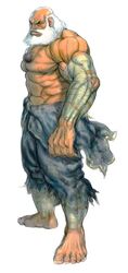  1boy abs bald bandages barefoot beads beard clothes_around_waist concept_art facial_hair gouken ikeno_daigo jewelry male_focus manly muscular necklace official_art old old_man scar solo street_fighter street_fighter_iv_(series) topless_male torn_clothes white_hair 