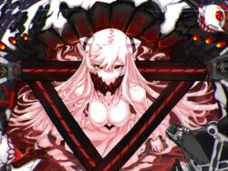  1boy abyssal_admiral_(kancolle) abyssal_ship admiral_(kancolle) breasts cleavage commentary downblouse dress female giant giantess hair_between_eyes horns kantai_collection large_breasts long_hair looking_at_viewer midway_princess pale_skin serious smile sw_(2311550438) symbol-only_commentary upper_body veins white_dress white_hair yellow_eyes 