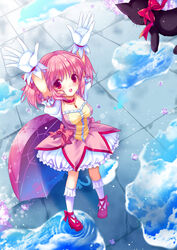  amy_(madoka_magica) bad_id bad_pixiv_id cloud feline female from_above gloves kaname_madoka kaname_madoka_(magical_girl) magical_girl mahou_shoujo_madoka_magica mahou_shoujo_madoka_magica_(anime) outstretched_arms photoshop_(medium) pigeon-toed pink_hair puddle ratise reaching red_eyes reflection short_hair sky solo twintails umbrella 