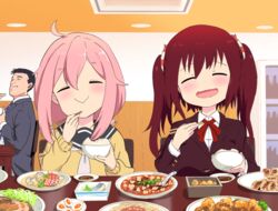  1boy 2girls :&gt; :d ^_^ ahoge blush bowl brown_hair chopsticks closed_eyes commentary_request crossover eating ebina_nana food hair_between_eyes himouto!_umaru-chan holding holding_chopsticks inogashira_gorou kagamihara_nadeshiko kodoku_no_gourmet long_hair mapo_tofu motosu_school_uniform multiple_crossover multiple_girls mushi_gyouza open_mouth pink_hair plate rice rice_bowl school_uniform sitting smile table twintails wavy_mouth yurucamp 