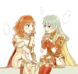  2girls aqua_hair armor blue_eyes blue_hair blush cape celica_(fire_emblem) commentary_request dress earrings eirika_(fire_emblem) fingerless_gloves fire_emblem fire_emblem:_the_sacred_stones fire_emblem_echoes:_shadows_of_valentia fire_emblem_heroes gloves jewelry long_hair multiple_girls open_mouth pasu red_eyes red_hair sidelocks skirt smile thighhighs tiara weapon zettai_ryouiki 