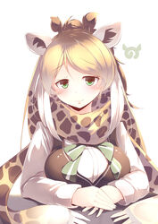  absurdres animal_ears animal_print blonde_hair blush brown_hair cape_giraffe_(kemono_friends) commentary_request female giraffe_ears giraffe_horns giraffe_print green_eyes highres horns japari_symbol kanzakietc kemono_friends long_hair long_sleeves looking_at_viewer multicolored_hair own_hands_together print_scarf scarf shirt simple_background smile solo upper_body white_background white_hair white_shirt 