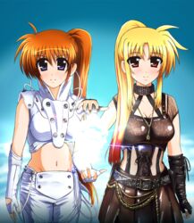  2girls album_cover alternate_costume belt blonde_hair blush breasts brown_hair buckle cleavage cloud collar commentary_request cosplay cover diesel-turbo elbow_gloves fate_testarossa fingerless_gloves gloves jewelry long_hair lyrical_nanoha mahou_shoujo_lyrical_nanoha_strikers md5_mismatch medium_breasts midriff mizuki_nana mizuki_nana_(cosplay) multiple_girls navel necklace nishikawa_takanori nishikawa_takanori_(cosplay) pants ponytail purple_eyes red_eyes side_ponytail sky smile t.m.revolution takamachi_nanoha very_long_hair voice_actor_connection white_breath_(t.m.revolution) 