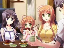  ahoge black_hair blue_eyes brown_hair casual eating green_eyes happy iwanaga_satsuki iwanaga_shouko long_hair minagami_kousuke minagami_sakuya odawara_hakone open_mouth ribbon short_hair sitting smile table tasogare_no_sinsemilla television window 