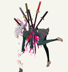  black_legwear blood blood_on_clothes blood_on_weapon braid commentary_request danganronpa_(series) danganronpa_2:_goodbye_despair death female full_body grey_hair hair_ribbon impaled injury koame kuzuryu_fuyuhiko long_hair long_sleeves looking_at_another out_of_frame outstretched_arm outstretched_arms pantyhose pekoyama_peko pink_blood reaching red_eyes ribbon school_uniform serafuku solo_focus spoilers sword tears twin_braids weapon 