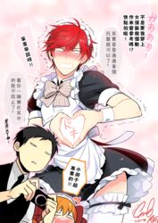  2boys alternate_costume black_hair blush bow camera chinese_commentary chinese_text commentary_request crossdressing enmaided female gekkan_shoujo_nozaki-kun hairbow heart heart_hands maid maid_headdress mikoshiba_mikoto multiple_boys nozaki_umetarou orange_hair red_hair sakura_chiyo soul_(tamashii) thighhighs translated trembling white_thighhighs 