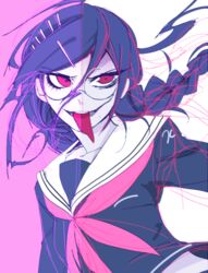  black_hair chiyo_(min0yoko) commentary_request danganronpa:_trigger_happy_havoc danganronpa_(series) female fukawa_toko genocider_shou glasses hair_ornament long_hair looking_at_viewer red_eyes school_uniform serafuku skirt smile solo tongue tongue_out 