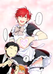  ! !! 2boys alternate_costume black_hair bow camera chinese_commentary commentary_request crossdressing enmaided female gekkan_shoujo_nozaki-kun hairbow heart heart_hands maid maid_headdress mikoshiba_mikoto multiple_boys nozaki_umetarou orange_hair red_eyes red_hair sakura_chiyo soul_(tamashii) thighhighs white_legwear 