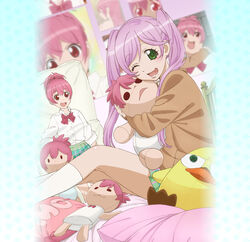  :d ;d bed character_doll cheek_press commentary dakimakura_(object) dress_shirt fat female female_pervert green_eyes hugging_doll hugging_object kamo_(sabagebu!) kasugano_urara_(sabagebu!) kneehighs mole mole_under_mouth official_art on_bed one_eye_closed open_mouth pervert photo_(object) pillow pink_hair red_eyes sabagebu! school_uniform shirt sitting skirt smile socks solo sonokawa_momoka sweater twintails white_socks 