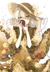  blouse blue_eyes canothy closed_mouth collar collared_blouse commentary_request cowboy_shot flower hat hat_ribbon heart heart_of_string highres komeiji_koishi looking_at_viewer petals ribbon rose short_hair skirt solo third_eye touhou white_hair wide_sleeves yellow_blouse 