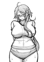  ahoge blush breasts female hair_ornament long_hair midriff monochrome mora_chester moura_chester open_mouth panties rokka_no_yuusha syonnaka underwear 