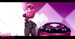  absurdres ass bentley black_bra bra breasts car feather_boa female highres hime_cut large_breasts leggings manon_legrand motor_vehicle nofuture official_alternate_costume pink_hair sidelocks solo street_fighter street_fighter_6 sunglasses underwear 