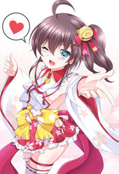  ahoge animal_print bad_id bad_twitter_id bare_shoulders blue_eyes breasts bridal_garter brown_hair cat_print cherry_blossom_print cherry_blossoms cosplay female finger_gun floral_print frills hair_between_eyes hair_ornament hairclip hasanishi heart hololive loose_clothes medium_hair natsuiro_matsuri one_eye_closed one_side_up paw_print paw_print_pattern petals sakura_miko sakura_miko_(1st_costume) sakura_miko_(cosplay) sideboob sideless_kimono single_thighhigh small_breasts speech_bubble thighhighs virtual_youtuber white_background white_legwear x_hair_ornament 