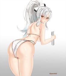  artist_name ass azur_lane back bare_shoulders bikini bow drake_(azur_lane) drake_(the_golden_hind&#039;s_respite)_(azur_lane) female gradient_background highres long_hair looking_back official_alternate_costume paundo2 ponytail simple_background solo swimsuit white_bikini white_bow white_hair yellow_eyes 