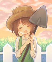  :d =_= apron bad_id bad_pixiv_id brown_hair brown_hat closed_eyes cloud cloudy_sky collared_shirt commentary emma_woods facing_viewer female fence green_apron hat holding identity_v open_mouth outdoors sakurato_ototo_shizuku shirt shovel sky smile solo sunset upper_body white_shirt 