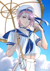  1boy androgynous aster_(nu_carnival) blue_choker bthshb92 choker frilled_umbrella frills girly_boy highres holding holding_umbrella looking_at_viewer male_focus navel nu_carnival oerba_yun_fang pink_hair pointy_ears red_eyes red_nails school_uniform serafuku shirt short_hair short_sleeves smile umbrella vampire white_headwear white_shirt white_umbrella 