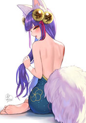  animal_ears back bangs bare_back bare_shoulders barefoot bell blunt_bangs character_request female fox_ears fox_tail from_behind hair_bell hair_ornament hair_ribbon kohanayuki long_hair looking_at_viewer monster_strike open_mouth purple_hair red_ribbon ribbon signature simple_background sitting solo tail white_background yellow_eyes 