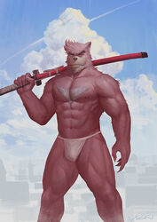  1boy abs animal_ears bakemono_no_ko bara bear_boy bear_ears beard brown_fur brown_hair bulge chest_hair cloud cloudy_sky facial_hair feet_out_of_frame fundoshi furry furry_male highres japanese_clothes kumatetsu large_pectorals loincloth male_focus male_underwear mature_male muscular muscular_male navel nipples outdoors over_shoulder pectorals photoshop_(medium) red_eyes short_hair sky solo stomach sword sword_over_shoulder thick_eyebrows thick_thighs thighs topless_male underwear underwear_only vian weapon weapon_over_shoulder white_male_underwear 