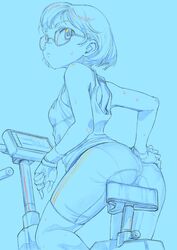  arched_back ass bike_shorts blue_theme closed_mouth commentary exercise_bike female fingerless_gloves from_behind glasses gloves hand_on_own_hip highres looking_at_viewer looking_back monochrome original pantylines short_hair single_vertical_stripe sitting solo sportswear sweat takku_2018 tank_top traditional_media 